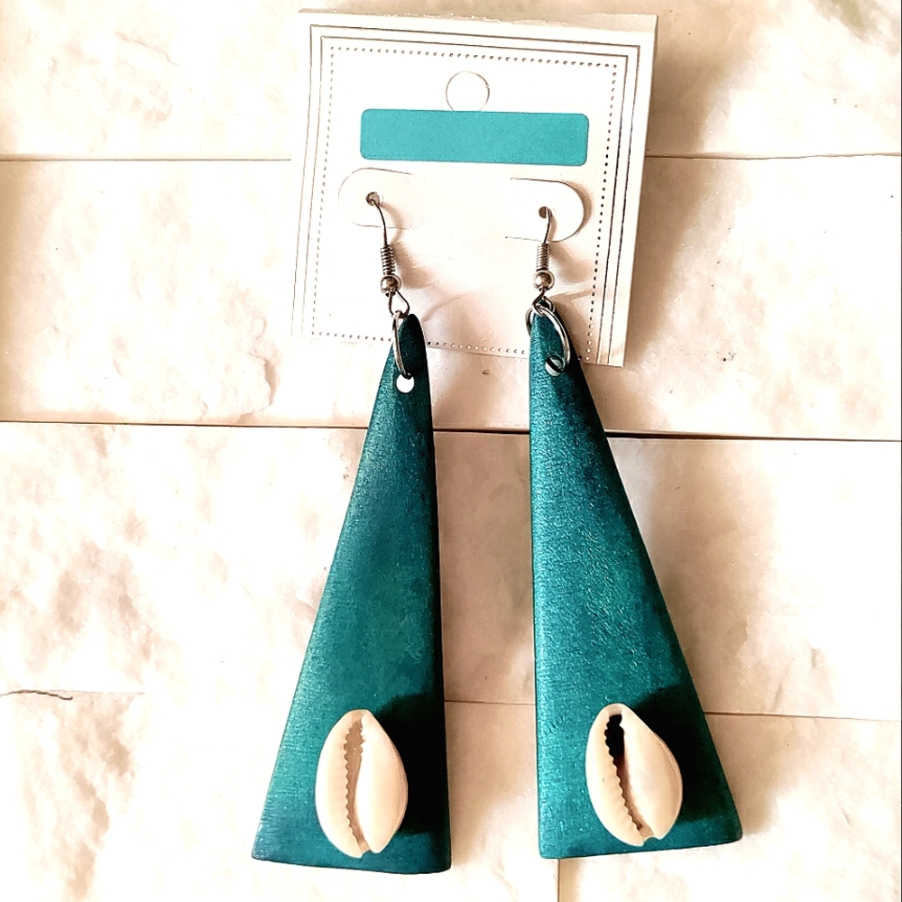 NEW Handmade Earrings 3" Pyramids-Triangles w/Cowries! Handpainted Wood. Women